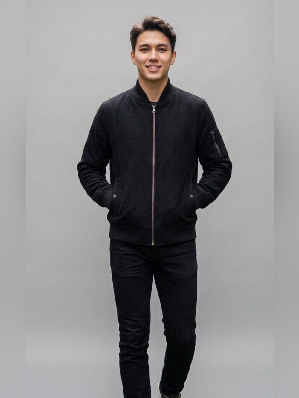 RUBIK Black Wool Minimalist Japanese MA1 Bomber Flight Jacket Men's L Fits S M
